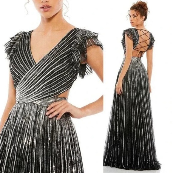Mac Duggal SEQUINED CUT OUT RUFFLED CAP SLEEVE LACE UP GOWN size 14 NEW $598 - Picture 1 of 14